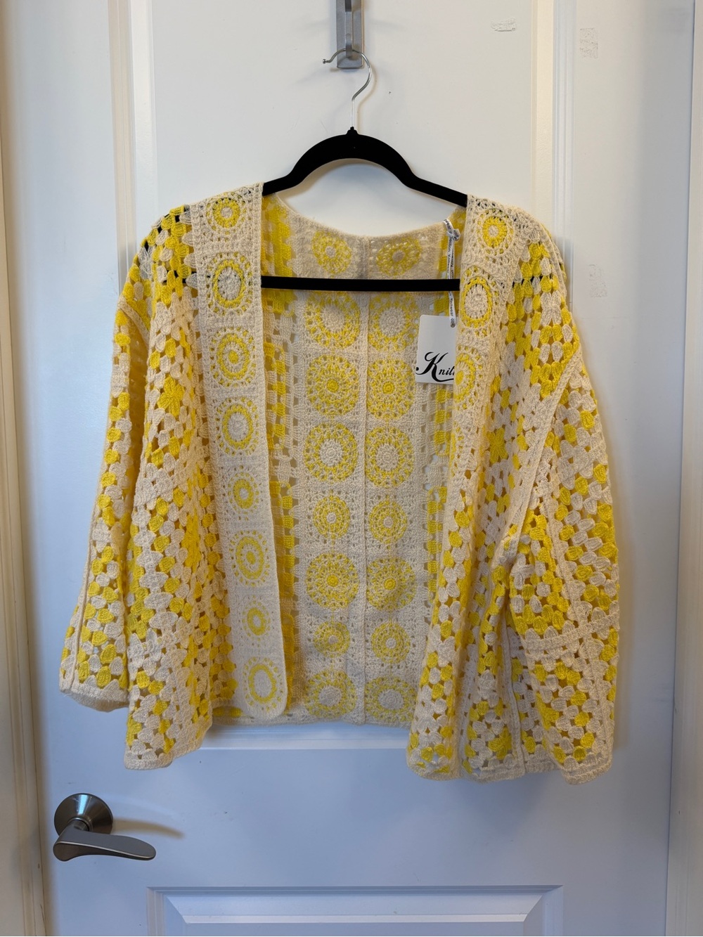 Crochet Open-Front Sweater Cardigan - Yellow & Cream